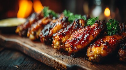 the main focus is a row of cooked chicken pieces arranged on a wooden surface, and they glisten under the light. small, green leafy garnishes accent the pieces