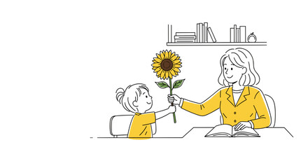 Kid giving teacher flowers in classroom, with a bright sunflower as appreciation for knowledge and education. Kid giving teacher flowers as symbol of gratitude during day of knowledge,
