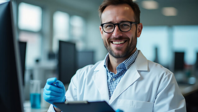 Scientist focused in lab environment, blurred equipment and reagents in background — ideal for research projects, science communication, or tech innovation.