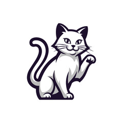 A cheerful cartoon cat with a raised paw, sitting upright and smiling. The design features a sleek white body and playful expression, perfect for mascots, logos, or pet-themed branding.