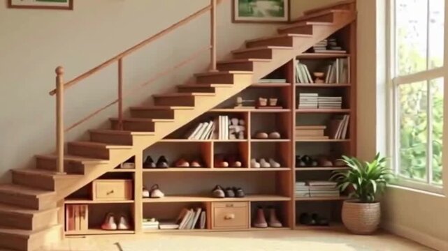 Creative stair storage unit design, maximizing space with built-in shelving for stylish home organization and minimalist interior living solutions