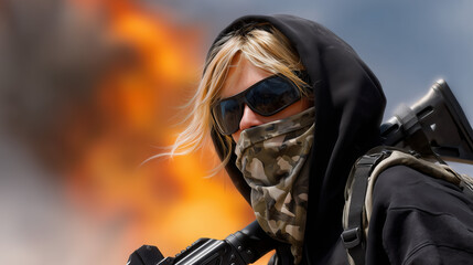 Naklejka premium A woman in tactical gear stands with a firearm against a backdrop of flames.