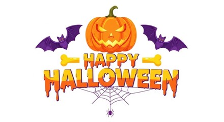 Happy halloween text with a jackolantern, bats, and spider web on a white background