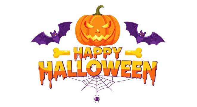 Happy halloween text with a jackolantern, bats, and spider web on a white background - Powered by Adobe