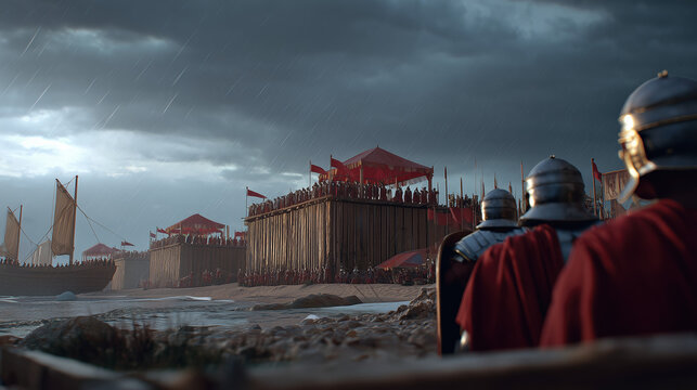 Roman legionaries approach a fortress under a dark, stormy sky during a historical battle. - Powered by Adobe