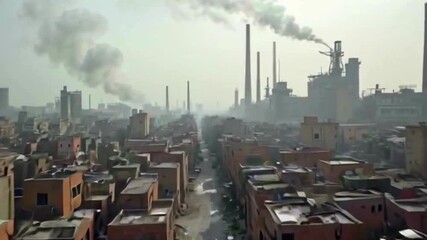 Industrial city skyline with smoking factory chimneys, showing urban sprawl and environmental impact, perfect for documentaries and news reports