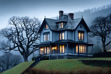 Mysterious victorian house illuminated at twilight on a hill