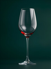 A refined, empty wine glass photographed in a professional studio with a rich dark green background