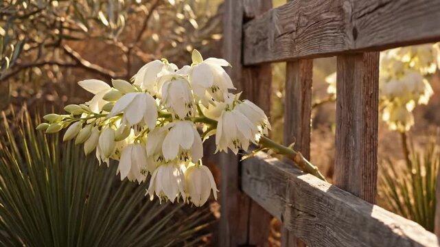flor de izote - A close-up view of white flowers blooming on a wooden fence in a serene desert landscape, with soft sunlight filtering through the foliage in the background