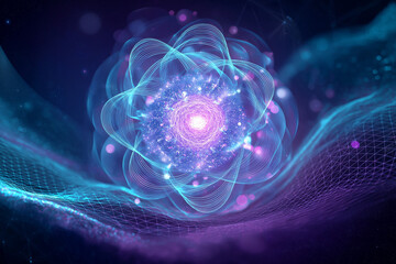 Fototapeta premium Futuristic Abstract Visualization of a Glowing Quantum Atom Core Surrounded by Energy Waves and Particle Data Grid in Blue and Violet Sci-Fi Style