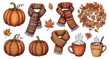 Collection of cozy autumn-themed doodles. Sketchy pumpkins, falling leaves, scarves, and hot cocoa mugs. Warm and rustic line art