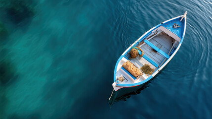A vibrant blue and white boat floats on crystal clear turquoise water, creating a tranquil scene.