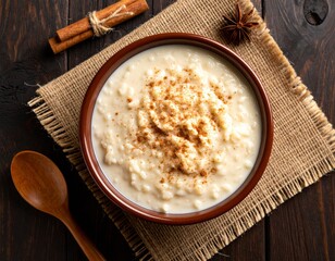 Traditional Arroz con Leche with Cinnamon on Rustic Table