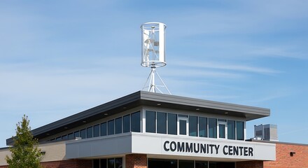 Community Center with Vertical Axis Wind Turbine Against Blue Sky