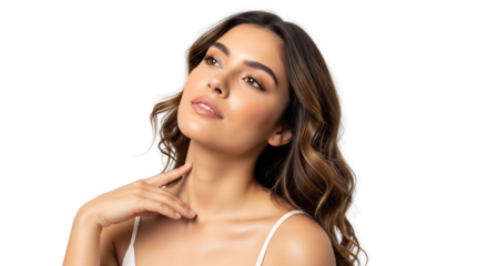 Beautiful young woman with glowing skin touching her neck, exuding wellness and natural beauty, ideal for skincare, anti-aging, self-care, beauty campaigns,