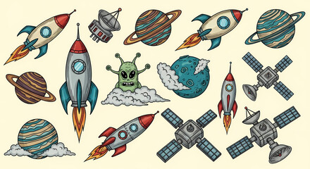 Naklejka premium Set of quirky space exploration illustrations. Doodle drawings of retro rockets, aliens, planets, and satellites. Sci-fi comic book style with a vintage touch