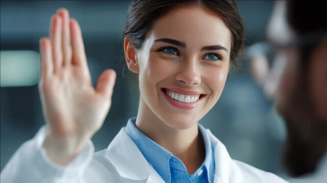 Woman scientist in lab coat greeting colleague with smile and wave.