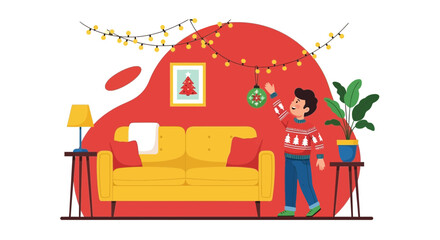 Festive Preparations Young Boy Decorating Home For Christmas Holidays
