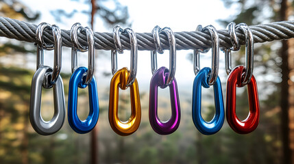 Six colorful metal carabiner clips hanging on a steel cable outdoors.