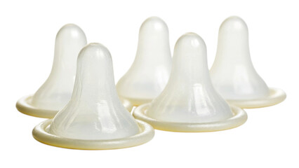 Five clear latex nipple shields for breastfeeding mothers isolated on transparent background