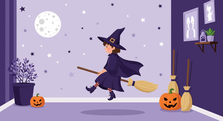 Fototapeta premium Happy Halloween Night With Cute Witch Character Flying With Magic Broom