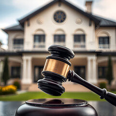 Judge gavel on blurred background of a luxury private house. The concept of land, rent, construction, housing, family, bankruptcy law and home purchase.