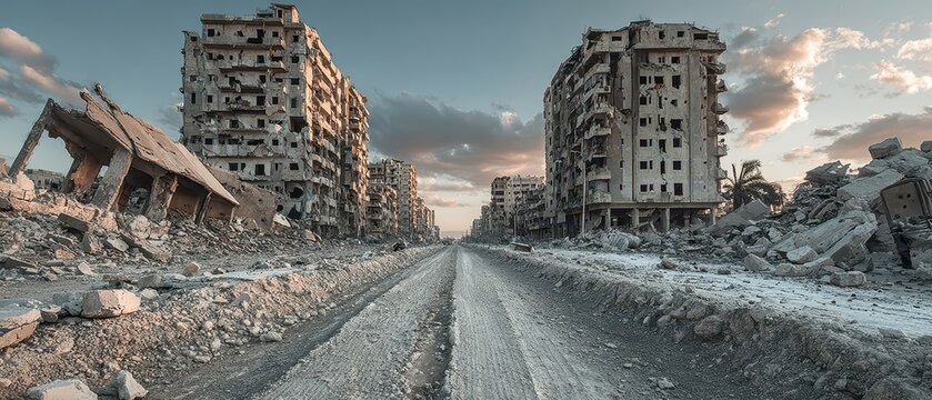 Ruined buildings on a deserted road