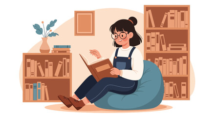 Girl Enjoying Reading Book At Home On Beanbag Chair In Cozy Room