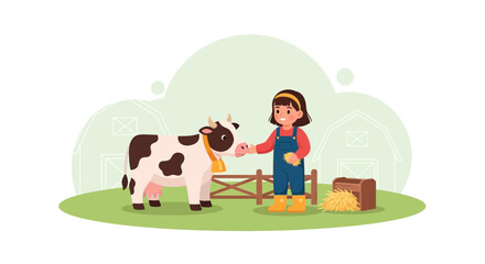 Girl Feeds The Cow At Farm With Barns In The Background Landscape