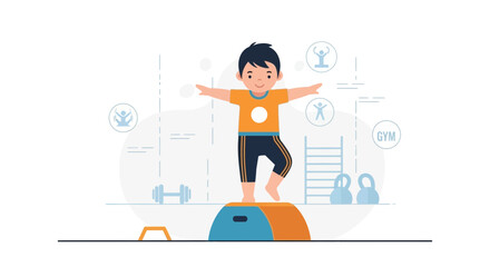 Happy Little Boy Balancing During Gymnastics Class For Strength And Coordination