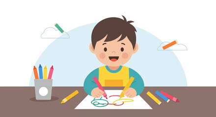 Joyful Young Artist Coloring With Vibrant Crayons at the Desk Creation