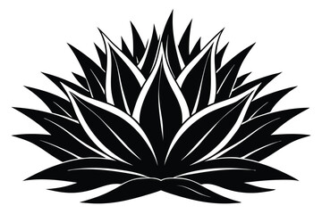 Black and White Vector Graphic of Spiky Floral Shape, Leaves and Petals Pattern