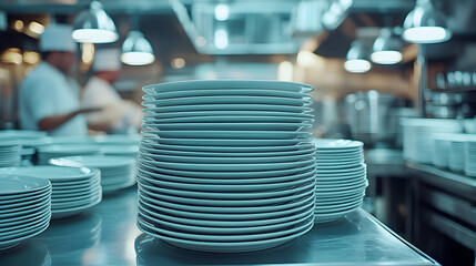 Obraz premium Stacks of white plates in a restaurant kitchen with chefs in the background.