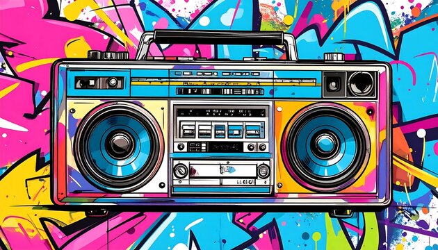 Colorful boombox against a vibrant graffiti backdrop
