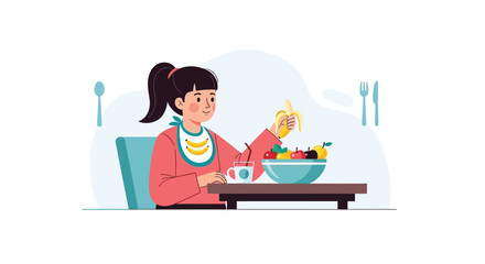 Little Girl Enjoying a Healthy Snack Featuring Fruits and Drink Illustration