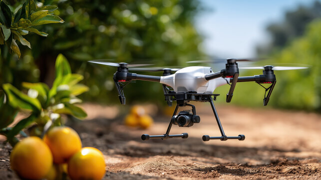 Drone surveying an orange grove, showcasing modern agricultural techniques and technology in action.