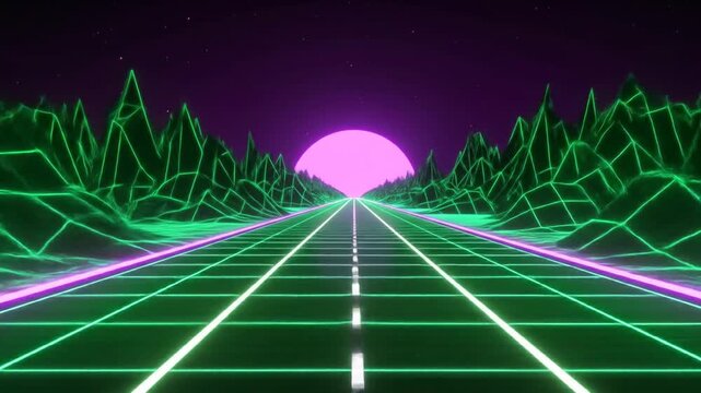Retro Synthwave Road Through Neon Mountains At Sunset Digital Art Landscape with Grid Pattern and Futuristic Theme in 80s Cyberpunk Style