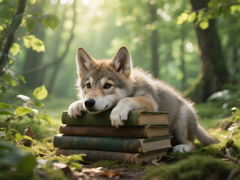 Charming wolf cub leaning on stack of old books in soft green forest light with moss-covered ground and peaceful woodland mood