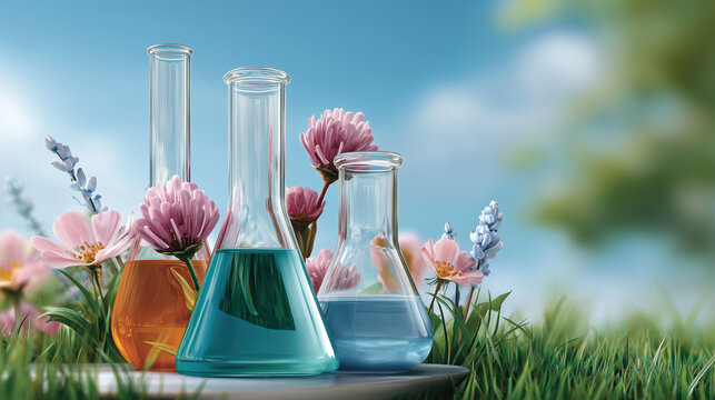 Science meets nature in this beautiful illustration of laboratory beakers and colorful flowers.