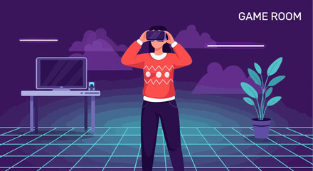 Immersive Experience Girl Using Vr Headset In Futuristic Digital Environment
