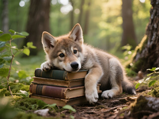 Sweet wolf cub resting its head on stacked vintage books in mossy forest clearing with golden sunlight filtering through the trees
