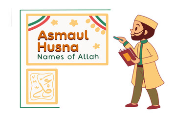 Friendly cartoon ustad holding a clipboard ready to teach and share islamic knowledge