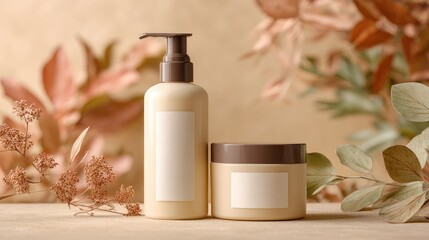 Cream-colored cosmetic pump bottle and jar mockup stand out against muted autumn foliage backdrop