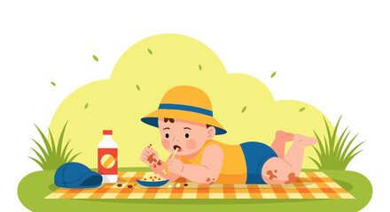 Fototapeta premium Happy Baby Having Picnic Outdoors, Summer Relaxation in Nature Illustration