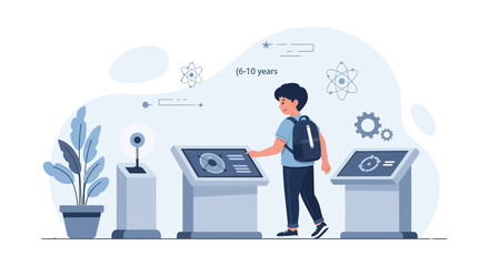 Interactive Exhibition: A Boy Explores Science at the Museum Discovering New Knowledge