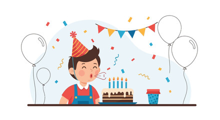 Happy Birthday Boy Blowing Out Candles During Celebration Cartoon Illustration