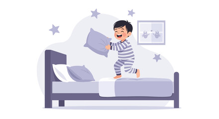 Happy Boy In Pajamas Playing With Pillow On Bedtime Illustration
