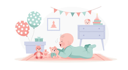 Joyful Baby Playing With Toys Celebrating First Milestones In Nursery Room