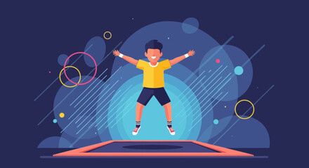 Joyful Boy Leaping High On A Trampoline Surrounded By Geometric Shapes Illustration