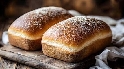 Naklejka premium Two loaves of white bread on a wooden cutting board.